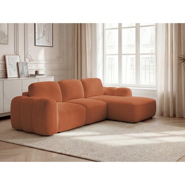 Oranžinės spalvos sulankstoma/su sandėliavimo vieta kampinė sofa iš boucle (su dešiniuoju kampu/su gultu) Montaigne – Bobochic Paris-image-1