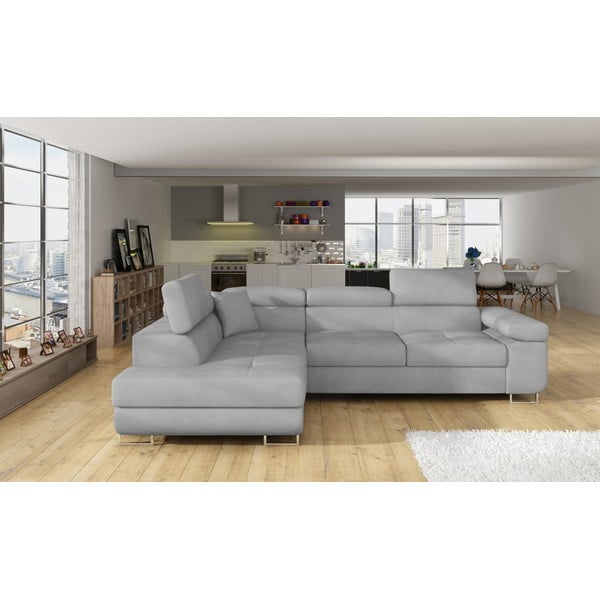 Šviesiai pilkos spalvos iš velveto sulankstoma/su sandėliavimo vieta kampinė sofa (su kairiuoju kampu/„L“ formos) Anton – ELTAP-image-1