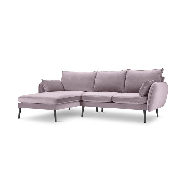 Šviesiai rausva aksominė kampinė sofa su juodomis kojomis Kooko Home Lento, kampas kairėje-image-2
