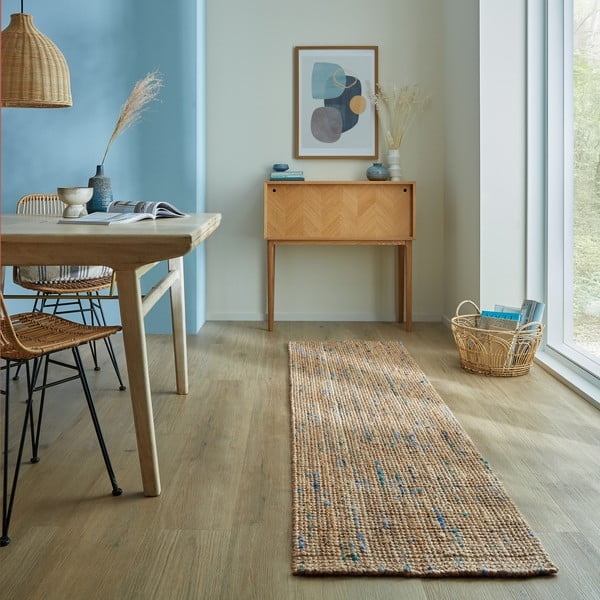 Rankų darbo iš džiuto kilimas mėlynos spalvos/natūralios spalvos 60x230 cm Jute Boucle Blue – Flair Rugs-image-1