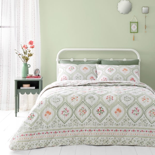 Lovatiesė žalios spalvos/kreminės spalvos dvigulei lovai 220x230 cm Cameo Floral – Catherine Lansfield