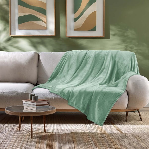 Šviesiai žalios spalvos iš mikroflanelės antklodė ir pledas 180x220 cm Flanou – douceur d'intérieur-image-1