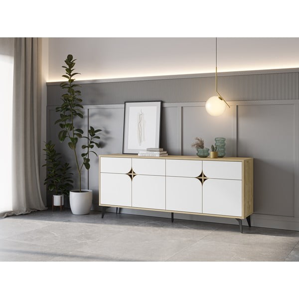 Žema šoninė spintelė baltos spalvos/natūralios spalvos iš ąžuolo 185x79 cm Nola – Marckeric-image-1