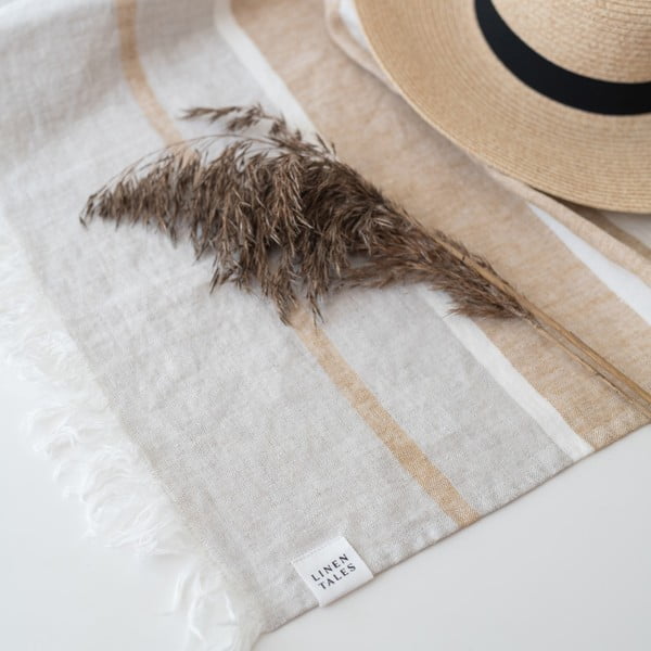 Smėlio spalvos iš lino paplūdimio antklodė ir pledas 140x170 cm Allure Stripe – Linen Tales-image-3