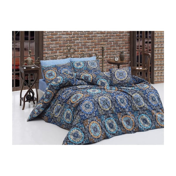 Mėlyna medvilninė patalynė su paklode viengulėlei lovai "Mandala", 140 x 200 cm