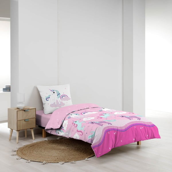 Rožinės spalvos iš medvilnės viengulė vaikiška patalynė 140x200 cm Licorne – douceur d'intérieur-image-1