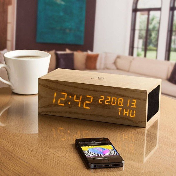 Ąžuolinis "Click Clock" garsiakalbis su oranžiniu LED žadintuvu-image-1