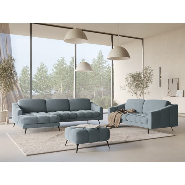Šviesiai mėlynos spalvos iš velveto kampinė sofa (su kairiuoju kampu) Nalu – Makamii-image-1