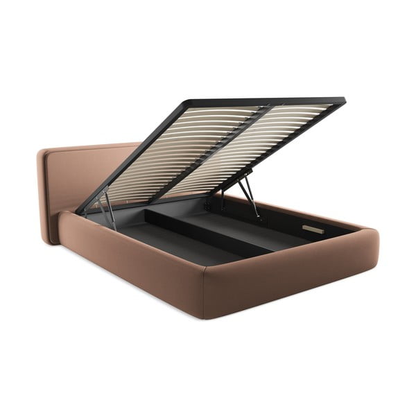 Šviesiai rožinės spalvos dvigulė lova audiniu dengta su sandėliavimo vieta su lovos grotelėmis 160x200 cm Kiana – Makamii-image-3