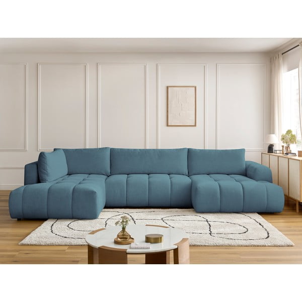 Mėlynos spalvos sulankstoma/su sandėliavimo vieta kampinė sofa (su kairiuoju kampu/„U“ formos) Fuji – Bobochic Paris-image-1