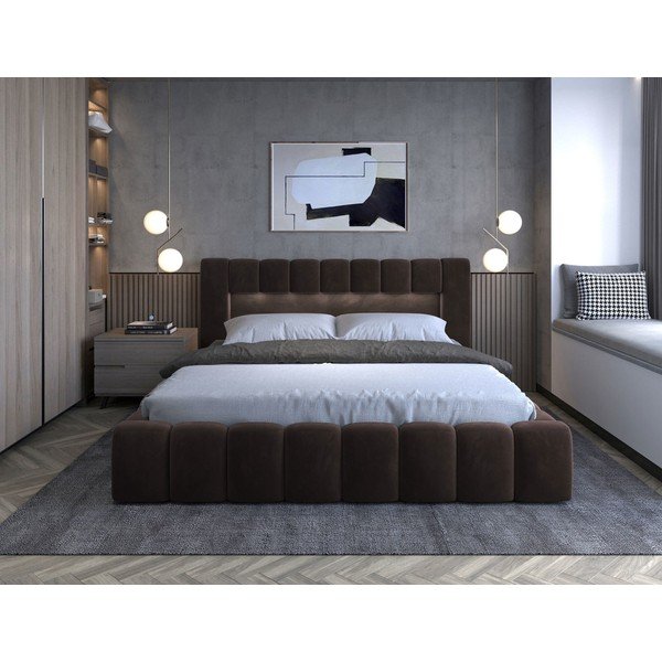 Tamsiai rudos spalvos dvigulė lova dengta audiniu su sandėliavimo vieta su lovos grotelėmis 160x200 cm Lamica – ELTAP-image-2