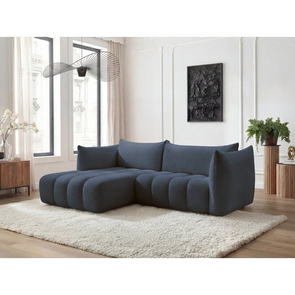 Tamsiai mėlynos spalvos kampinė sofa iš boucle (su kairiuoju kampu/su gultu) Azra – Bobochic Paris-image-1