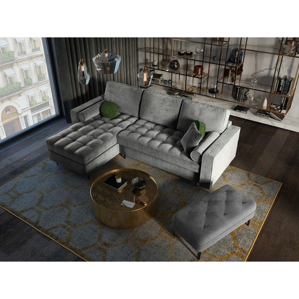 Šviesiai pilka aksominė kampinė sofa-lova Milo Casa Santo, kampas kairėje-image-1