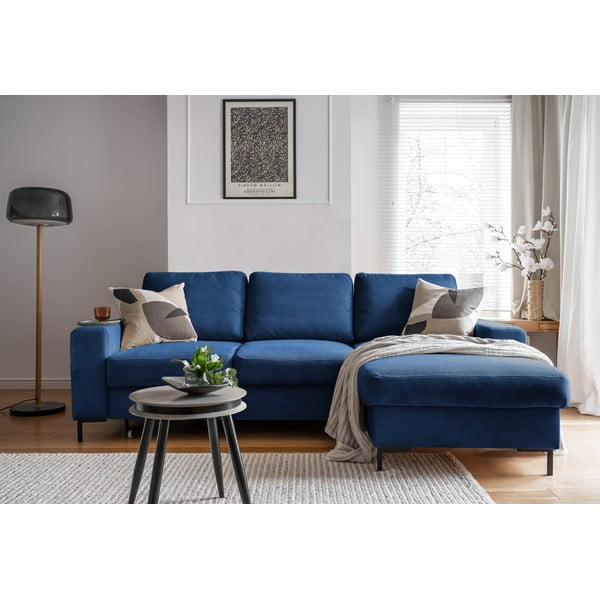 Iš kordinio velveto sulankstoma kampinė sofa tamsiai mėlynos spalvos (su dešiniuoju kampu) Lofty Lilly – Miuform-image-4