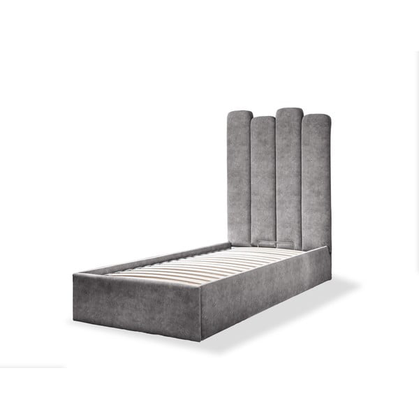 Pilka minkšta viengulė lova su daiktadėže ir grotelėmis 90x200 cm Dreamy Aurora - Miuform