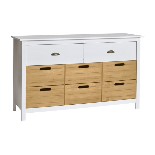 Baltos spalvos pušies masyvo komoda su 8 stalčiais "Marckeric Ibiza-image-1