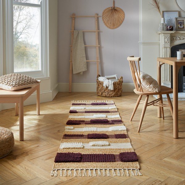 Rankų darbo iš džiuto mišinio kilimas violetinės spalvos/natūralios spalvos 60x230 cm Medina Blocks – Flair Rugs-image-1