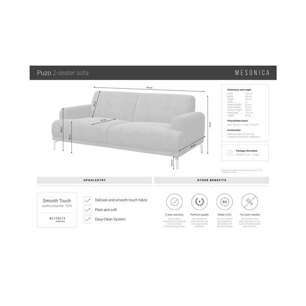 Šviesiai pilka sofa MESONICA Puzo, 170 cm-image-4