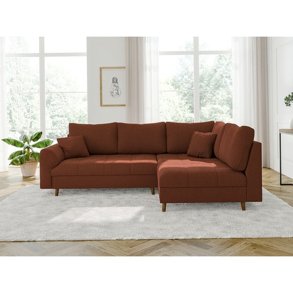 Raudonos plytų spalvos iš kordinio velveto kampinė sofa (su dešiniuoju kampu) Ariella – Ropez-image-1