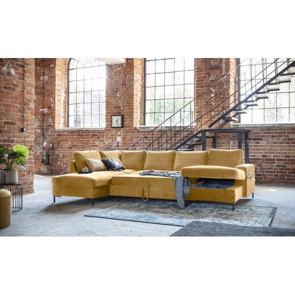 Geltona aksominė U formos sofa Miuform Lofty Lilly, kairysis kampas-image-4