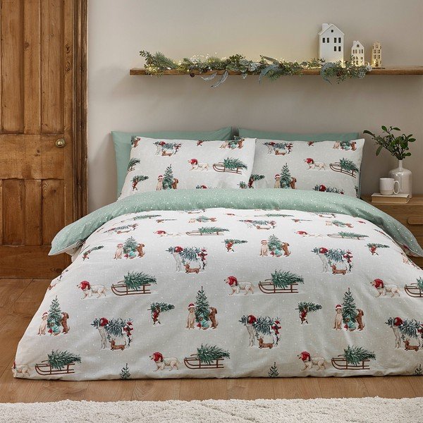 Žalios spalvos/natūralios spalvos iš flanelės dvigulė patalynė 200x200 cm Brushed Christmas Dogs – Catherine Lansfield