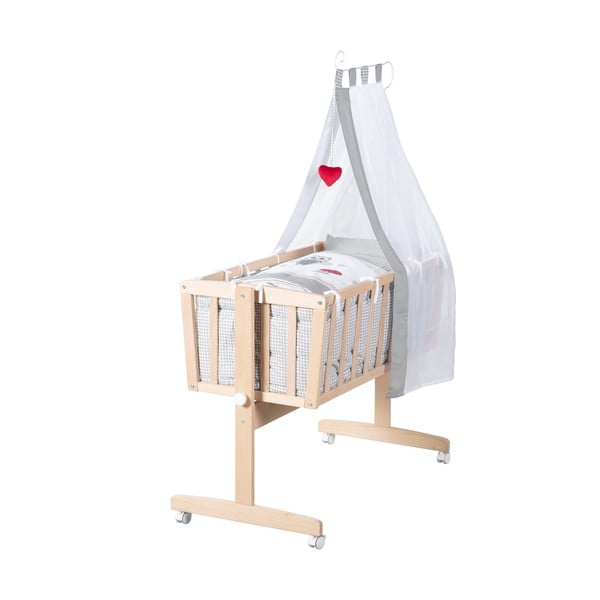 Natūralios spalvos iš buko masyvo lopšys ant ratukų/su baldakimu 40x90 cm Adam and Owl – Roba