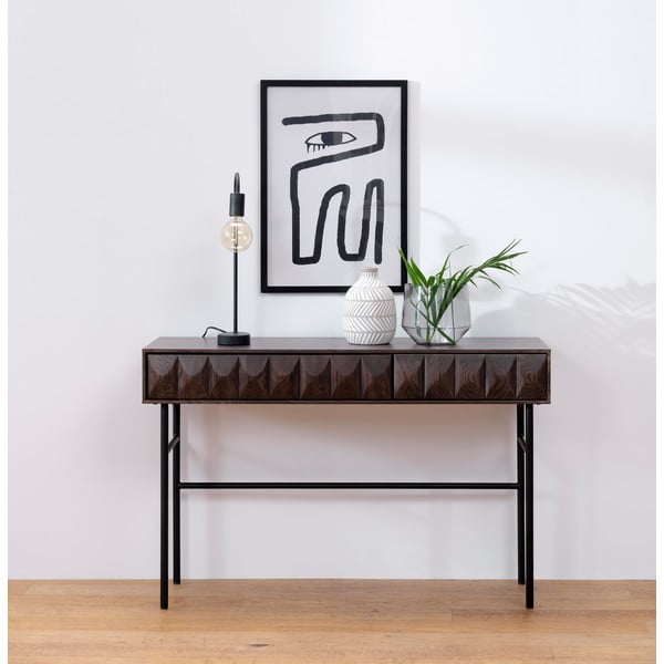 Konsolinis staliukas tamsiai rudos spalvos su ąžuolo dekoro stalviršiu 39x117 cm Latina – Unique Furniture-image-1