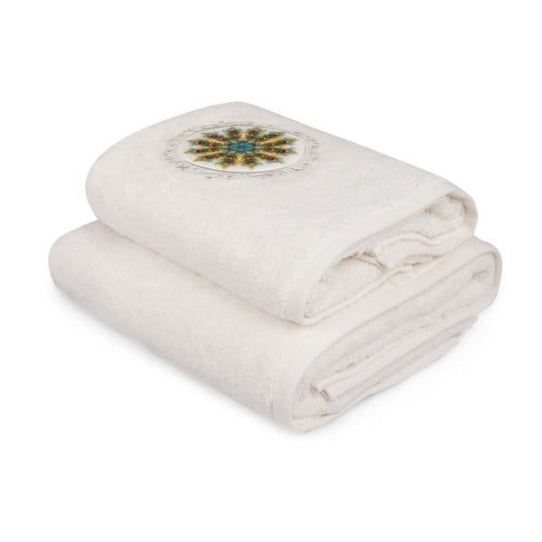Balto rankšluosčio ir balto vonios rankšluosčio rinkinys su spalvingomis "Paon" detalėmis