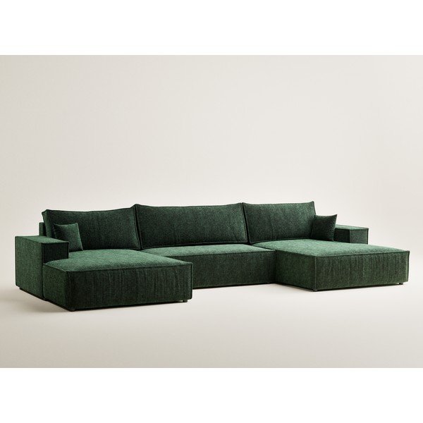 Tamsiai žalios spalvos sulankstoma/su sandėliavimo vieta kampinė sofa iš šenilinio audinio („U“ formos) Kyoto – Maison de Rêve-image-2