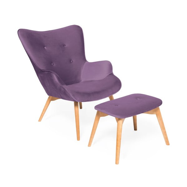 Violetinės spalvos fotelis ir pakojis su natūraliu "Vivonita Cora Velvet" pagrindu