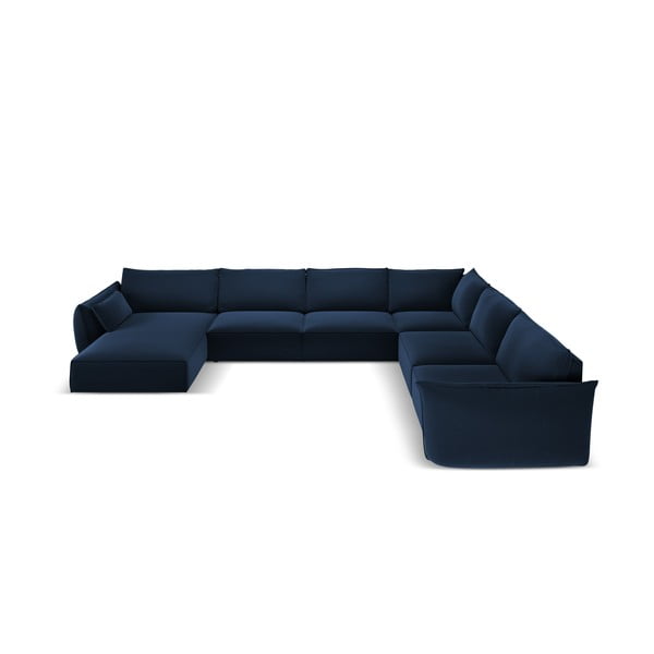 Tamsiai mėlynos spalvos iš velveto kampinė sofa (su dešiniuoju kampu/„U“ formos) Vanda – Mazzini Sofas