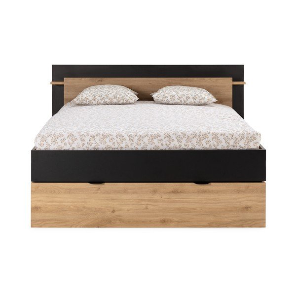 Dvigulė lova juodos spalvos/natūralios spalvos iš ąžuolo su sandėliavimo vieta be grotelių 140x190 cm Albo – Marckeric-image-4