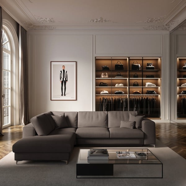 Taupe spalvos iš velveto sulankstoma/su sandėliavimo vieta kampinė sofa (su kairiuoju kampu/„L“ formos) Rene – Rodier-image-1