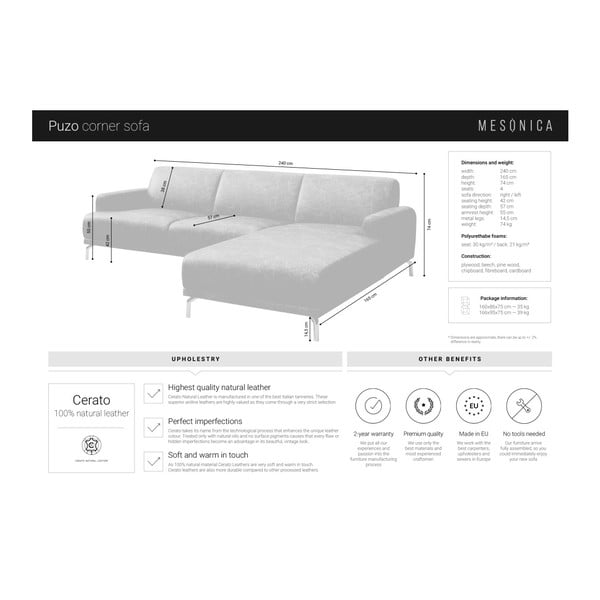 Tamsiai ruda odinė kampinė sofa MESONICA Puzo, dešinysis kampas-image-4