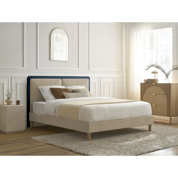Mėlynos spalvos/smėlio spalvos iš audinio dvigulė lova audiniu dengta su lovos grotelėmis 160x200 cm Mara – Bobochic Paris-image-1