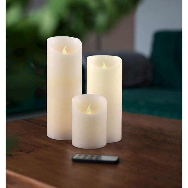 3 LED žvakių rinkinys su nuotolinio valdymo pulteliu DecoKing Wax, 10; 15 ir 20 cm aukščio