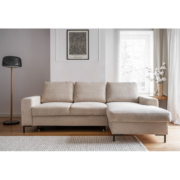Iš kordinio velveto sulankstoma kampinė sofa smėlio spalvos (su dešiniuoju kampu) Lofty Lilly – Miuform-image-1