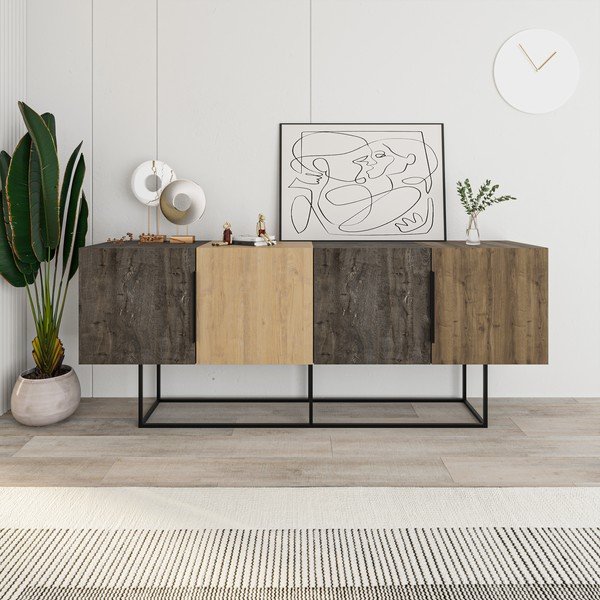Žema šoninė spintelė rudos spalvos/natūralios spalvos iš ąžuolo 200x80 cm Titan – Marckeric-image-4