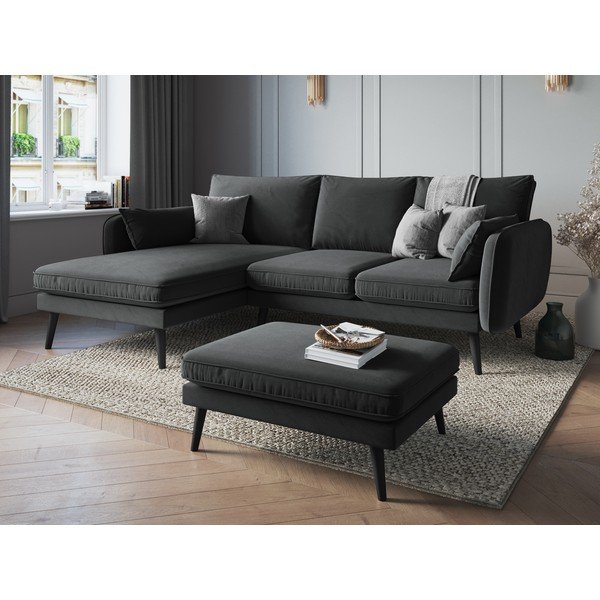 Tamsiai pilka aksominė kampinė sofa su juodomis kojomis Kooko Home Lento, kampas kairėje-image-1