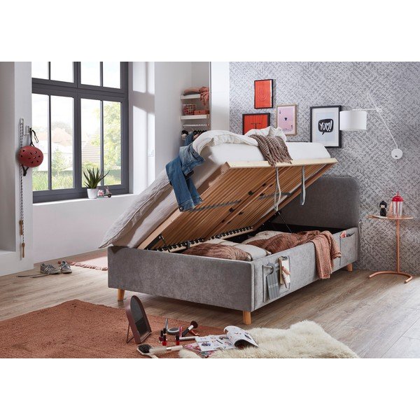 Pilkos spalvos vaikiška lova su sandėliavimo vieta su lovos grotelėmis 120x200 cm Cosy – Meise Möbel-image-2