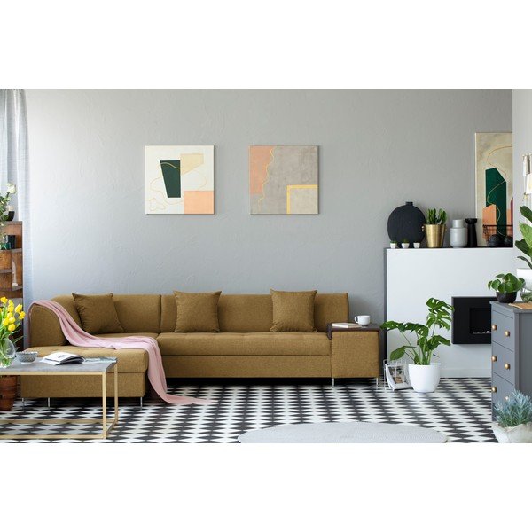 Medaus geltonumo kampinė sofa-lova su sidabrinėmis kojelėmis "Cosmopolitan Design Orlando", kairysis kampas-image-1