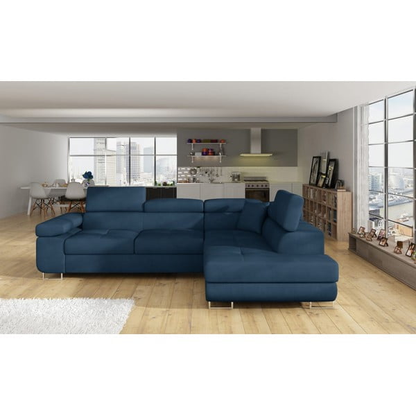 Mėlynos spalvos iš velveto sulankstoma/su sandėliavimo vieta kampinė sofa (su dešiniuoju kampu/„L“ formos) Anton – ELTAP-image-1