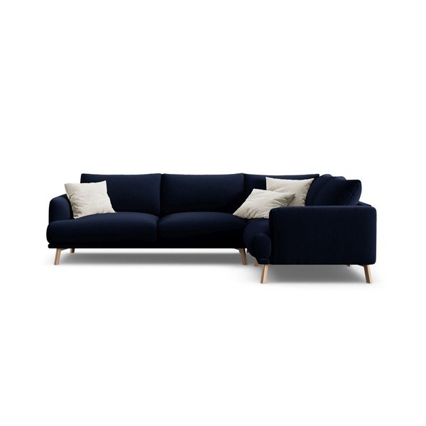 Tamsiai mėlynos spalvos kampinė sofa iš velveto (su dešiniuoju kampu/„L“ formos) Naomi – Micadoni 