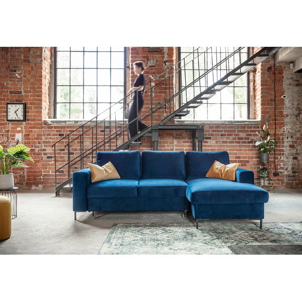 Tamsiai mėlynos spalvos aksominė kampinė sofa Miuform Lofty Lilly, dešinysis kampas-image-1