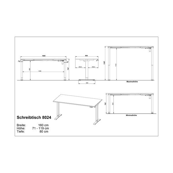 Elektra reguliuojamas aukštis reguliuojamas darbo stalas su ąžuolo dekoro stalviršiu 80x160 cm Boras – Germania-image-3