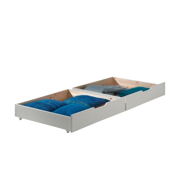 Dviauktė iš pušies masyvo vaikiška lova baltos spalvos su sandėliavimo vieta 90x200 cm PINO – Vipack-image-3
