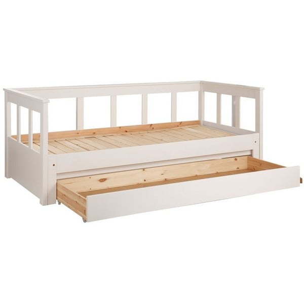 Ištraukiama iš pušies masyvo vaikiška lova baltos spalvos su sandėliavimo vieta 90x200 cm PINO – Vipack