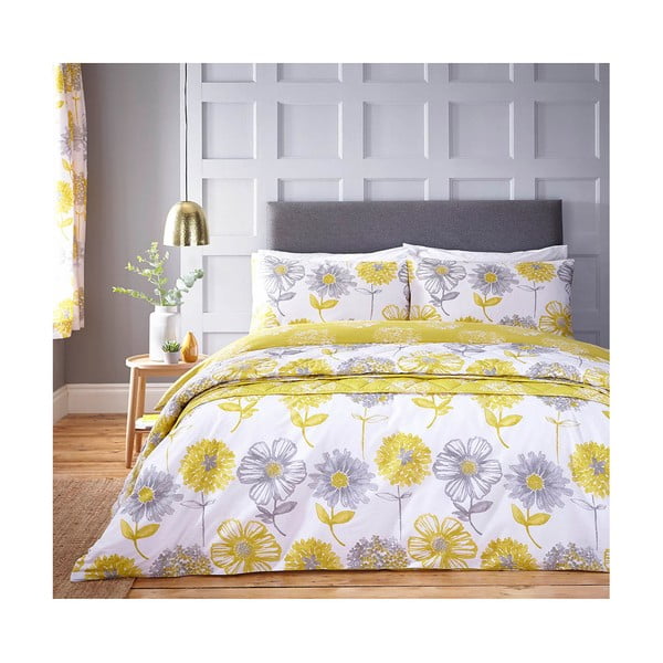Geltona ir balta lovatiesė su gėlių motyvais Catherine Lansfield, 220 x 230 cm