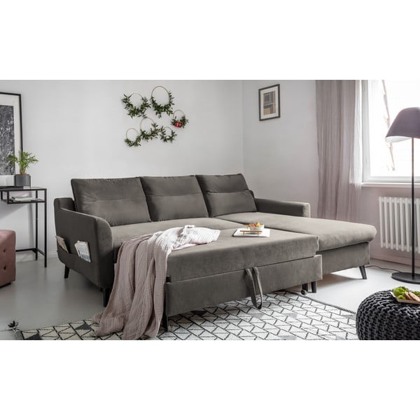 Tamsiai pilka aksominė kampinė sofa-lova Miuform Stylish Tent, dešinysis kampas-image-4