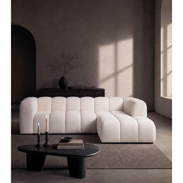 Kreminės spalvos iš velveto kampinė sofa (su dešiniuoju kampu/su gultu) Cube – Bonami Selection-image-3